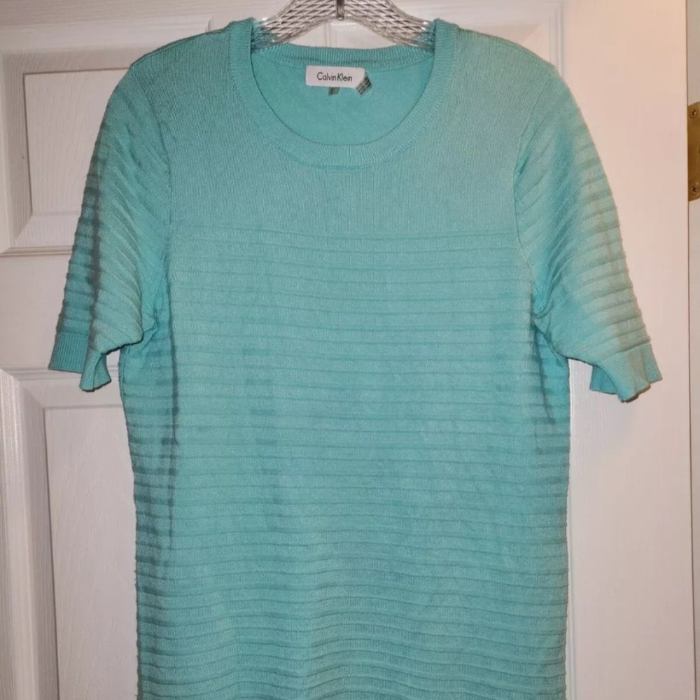 Calvin Klein Top Blue Green Teal Ribbed Short Sleeve Shirt Medium